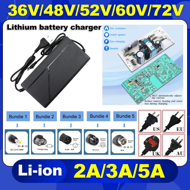 Chargeur de batterie au lithium 36V 48V 52V 60V 72V 2A 3A