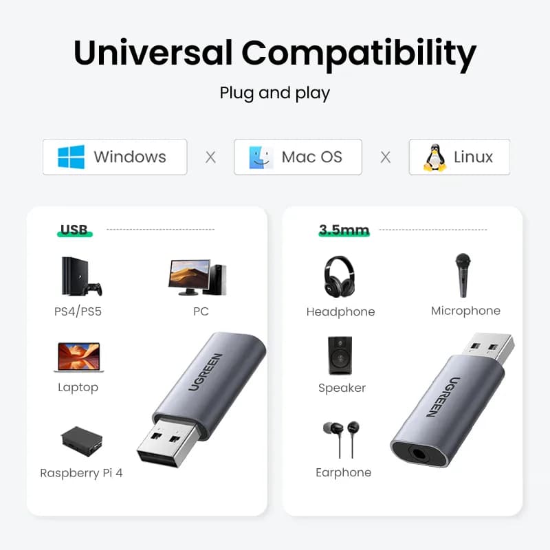 UGREEN – carte son USB vers 3.5mm, adaptateur d'interface