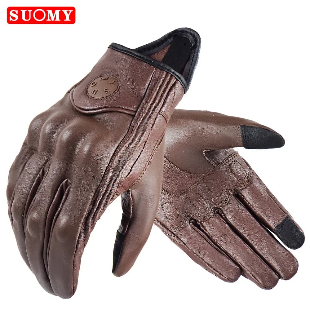 Gants de moto rétro en cuir de chèvre tactiles