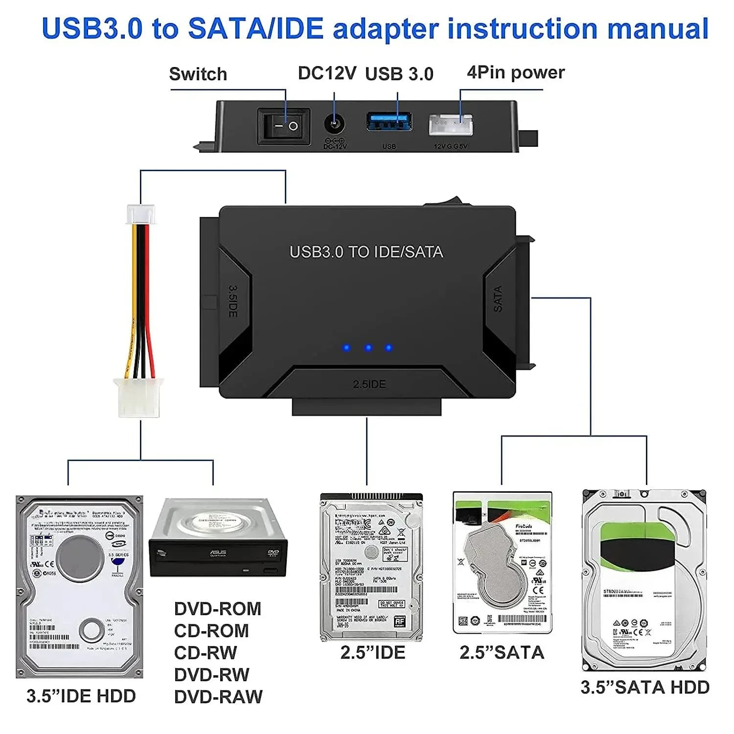 Adaptateur de disque dur USB 3.0 vers SATA IDE, câble