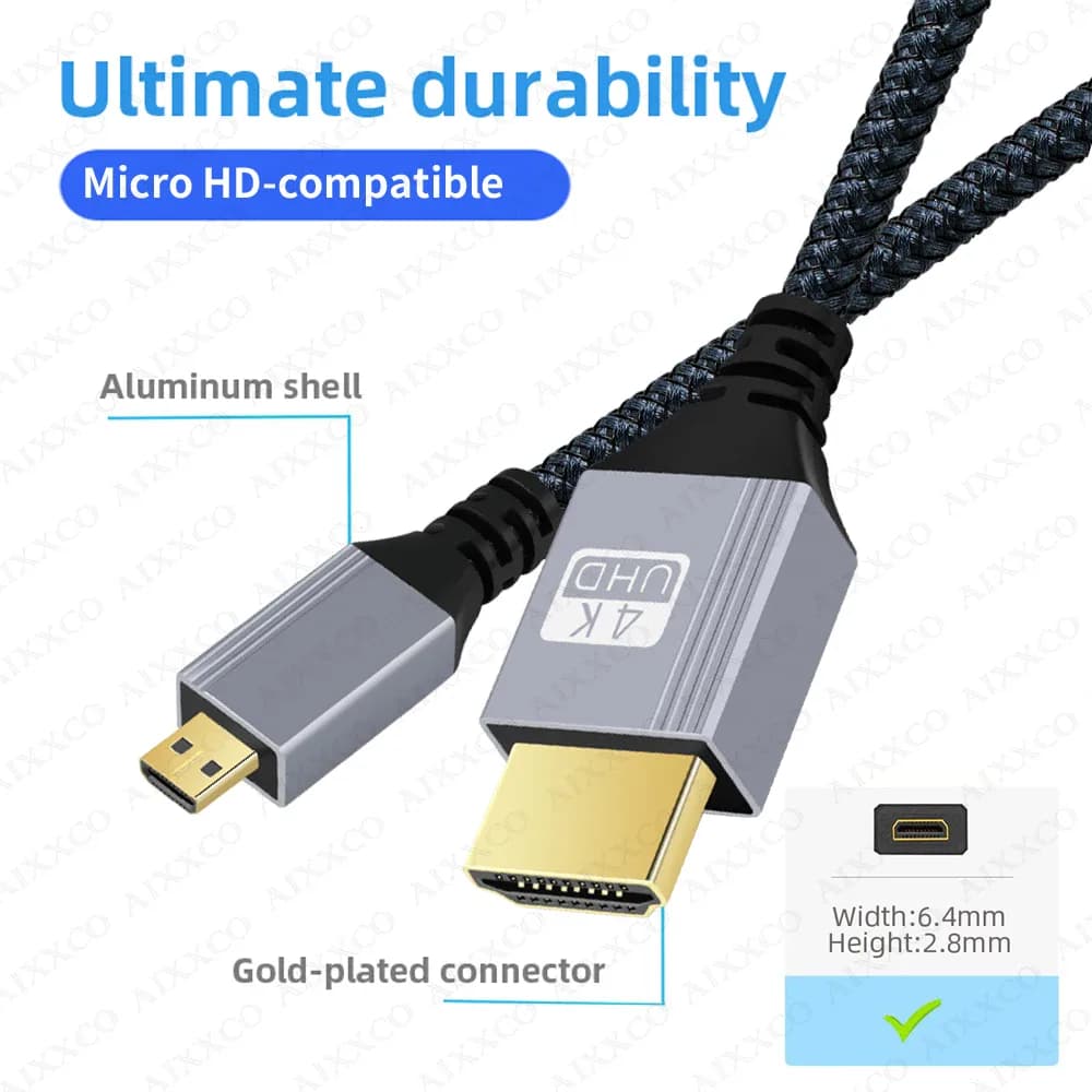 AIXXCO 1m 1.5m 2m 3m Compatible Micro HDMI 4K/60Hz câble 3D